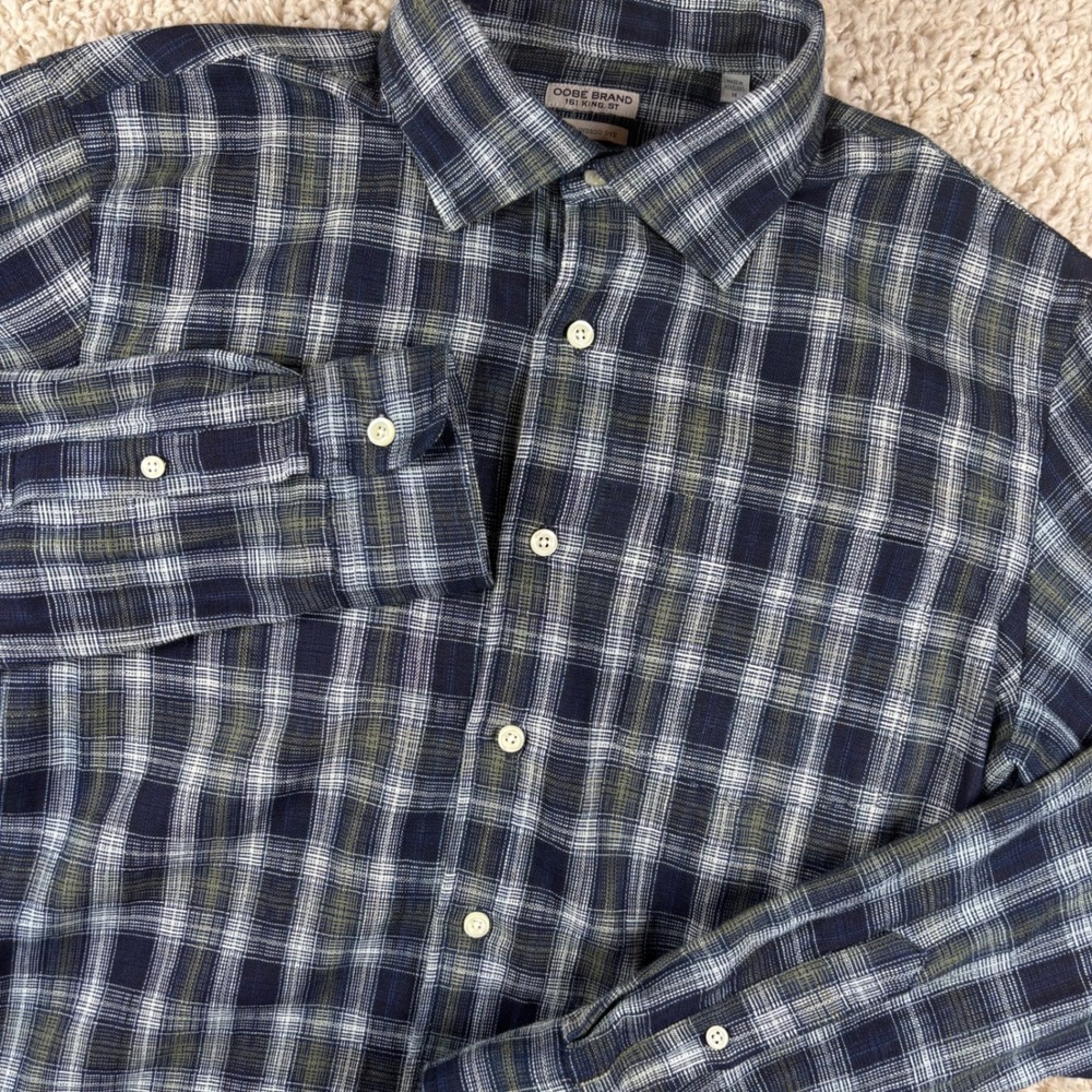 OOBE BRAND Mens Button‎ Up Shirt M Blue Plaid True Indigo Dye Cotton Textured